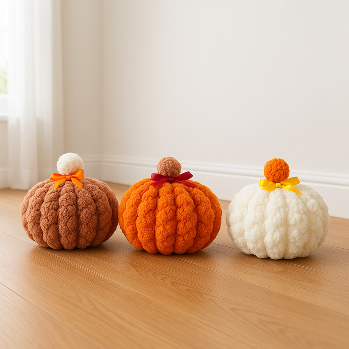 Three handmade chunky crochet pumpkins in dusty pink, orange and cream, with pom-pom stalks and ribbon bows