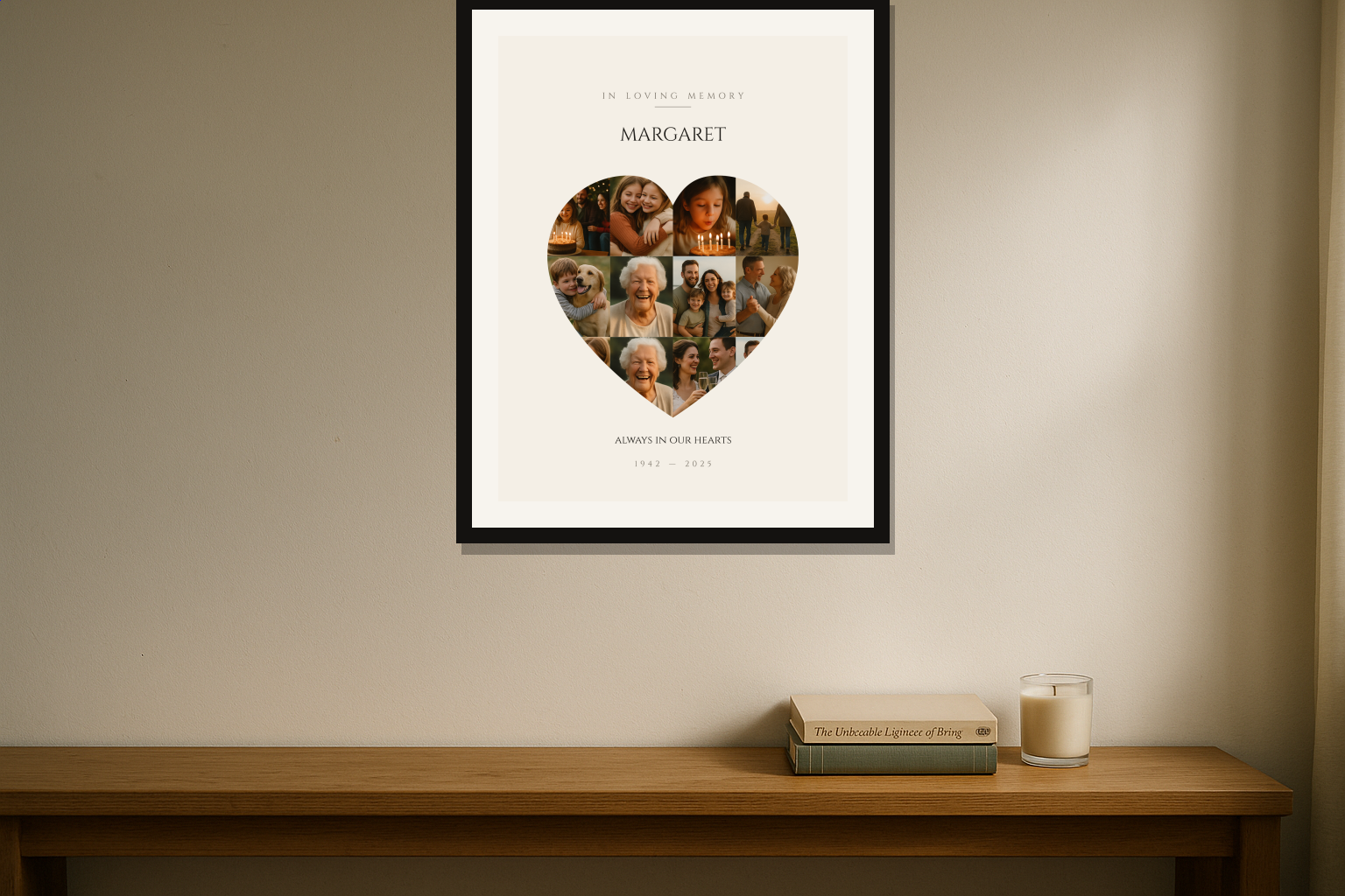 Framed personalised photo collage print on a wall