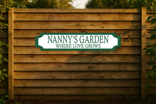 NANNY'S GARDEN · WHERE LOVE GROWS — personalised 3D street sign, shown in place