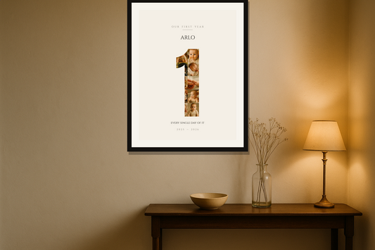 Framed personalised photo collage print on a wall