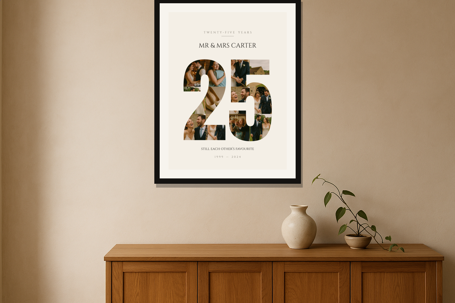 Framed personalised photo collage print on a wall