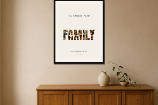 Framed personalised photo collage print on a wall