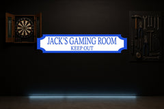 JACK'S GAMING ROOM · KEEP OUT — personalised 3D street sign, shown in place