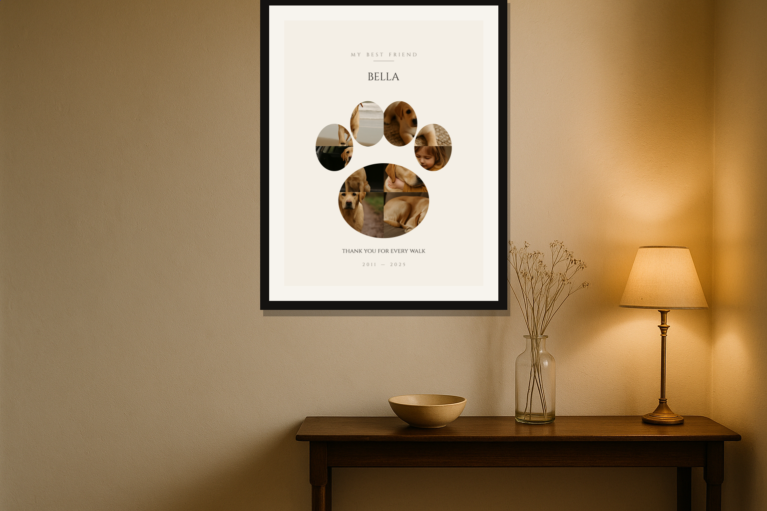 Framed personalised photo collage print on a wall