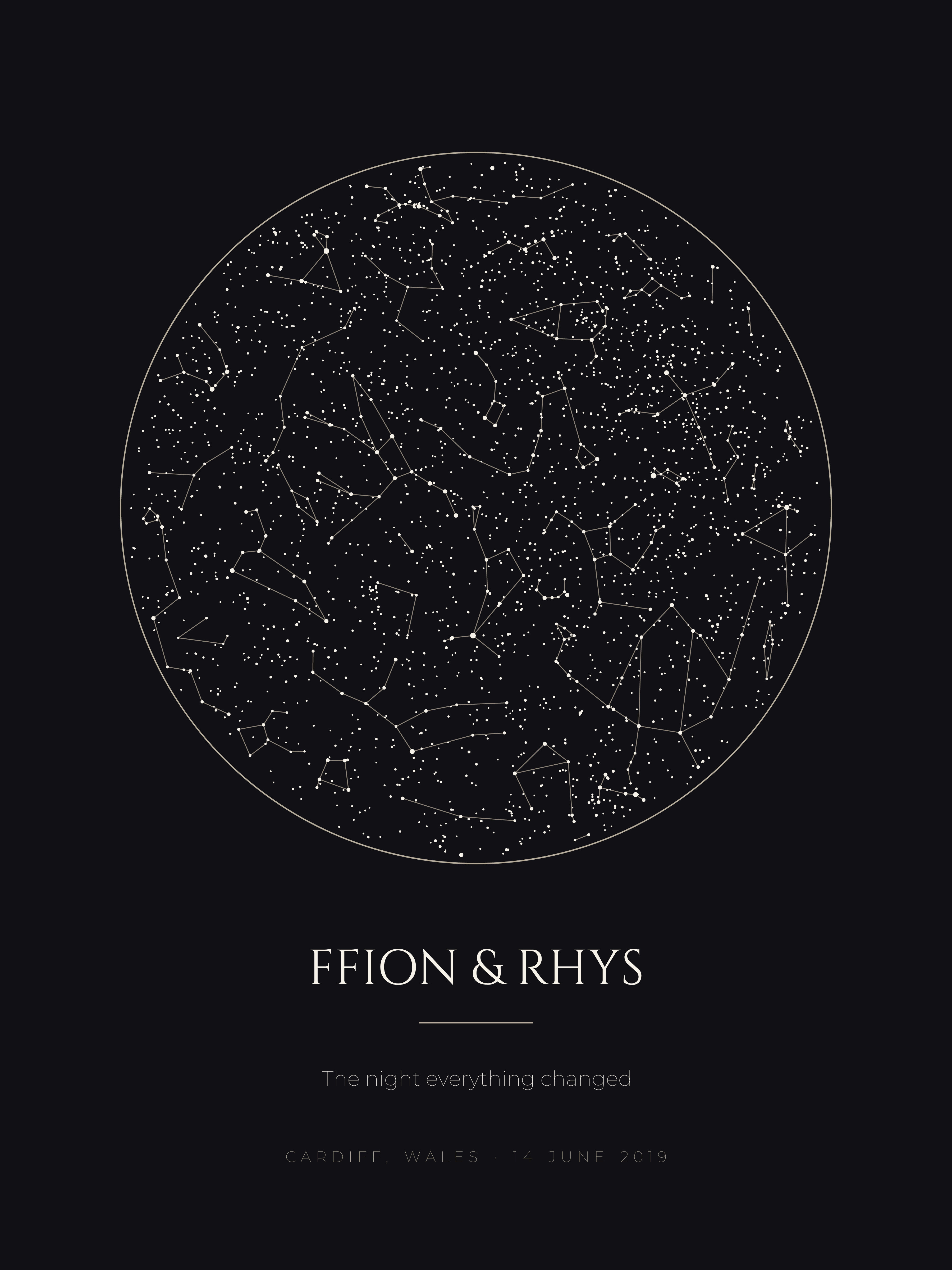 Star map print — the night sky over Cardiff on 14 June 2019, with names and a message