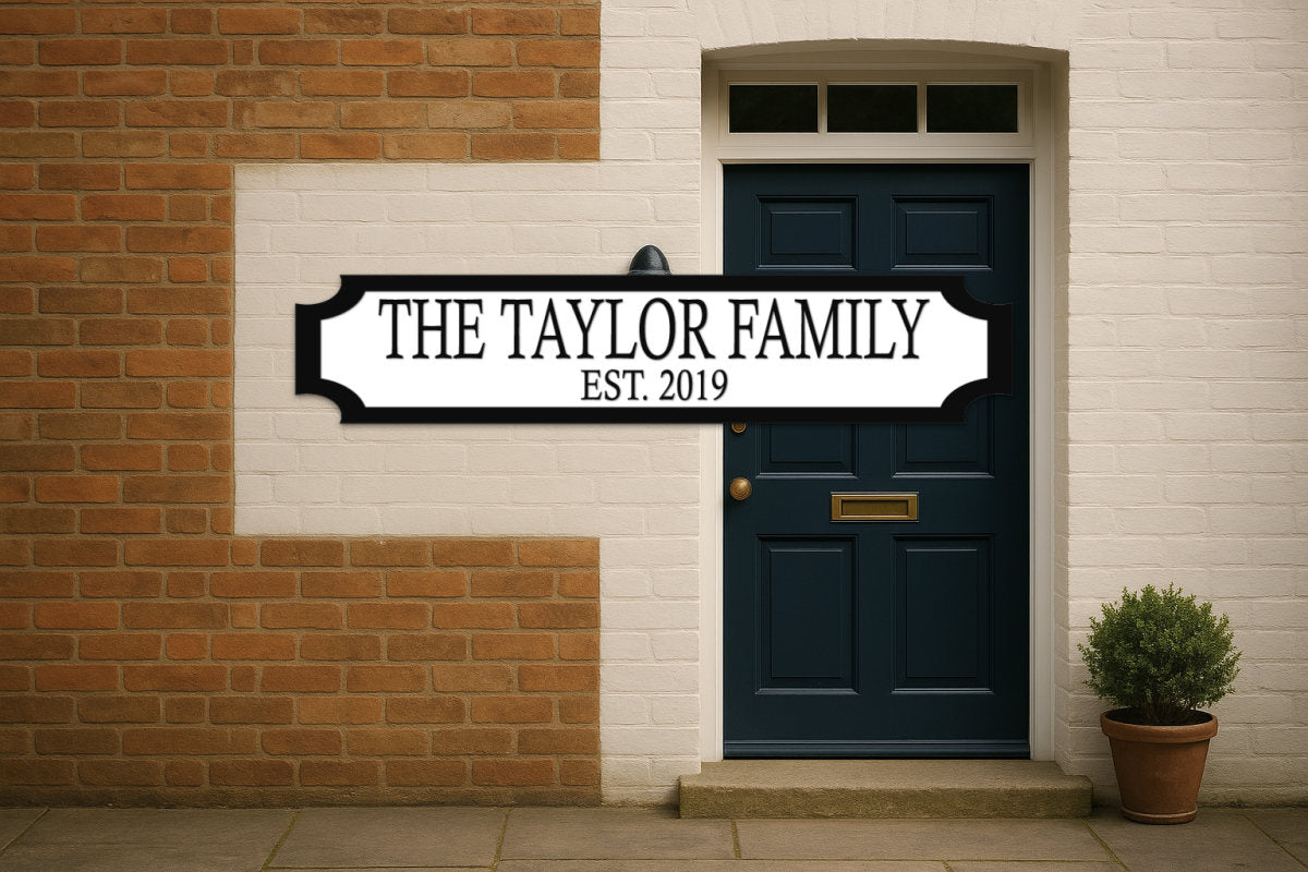 THE TAYLOR FAMILY · EST. 2019 — personalised 3D street sign, shown in place
