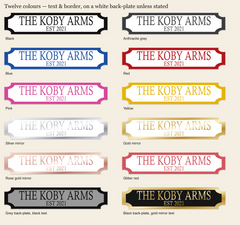 Street sign colour options — black, anthracite, blue, red, pink, yellow, silver mirror, gold mirror, rose gold mirror, glitter red, grey plate, black plate with gold