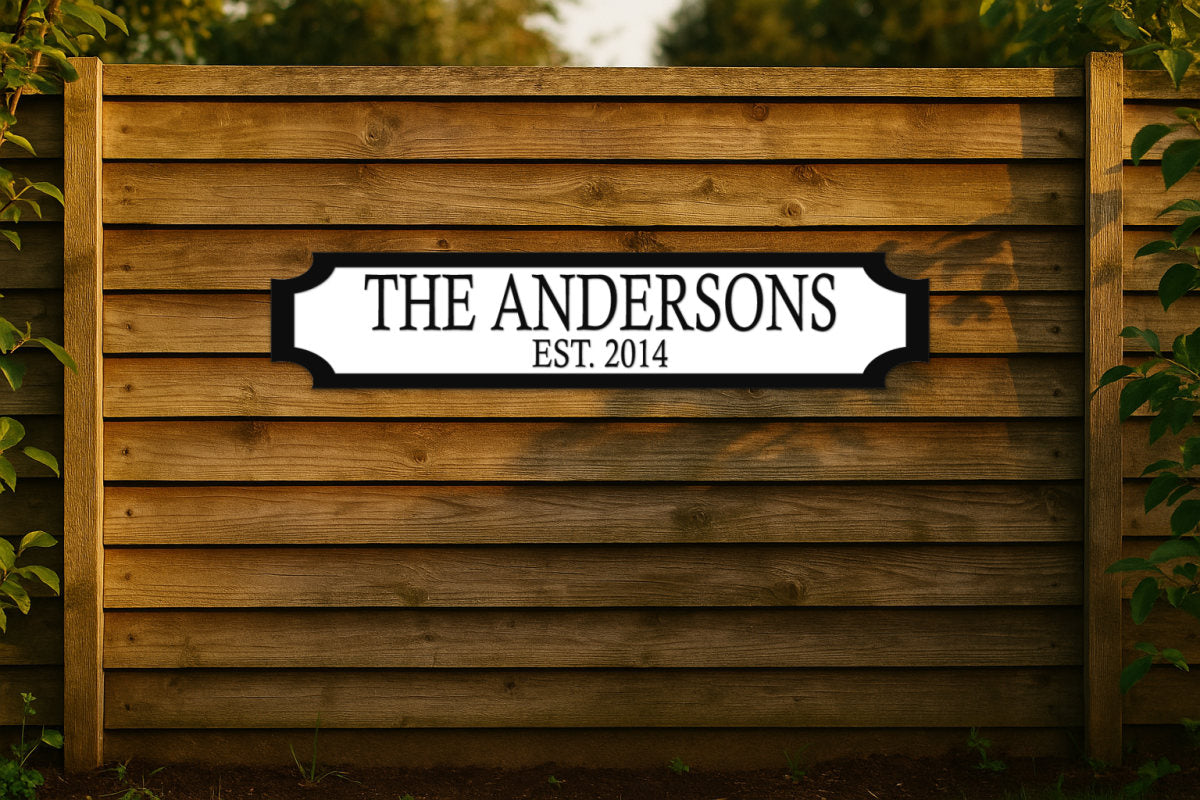 THE ANDERSONS · EST. 2014 — personalised 3D street sign, shown in place