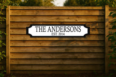 THE ANDERSONS · EST. 2014 — personalised 3D street sign, shown in place