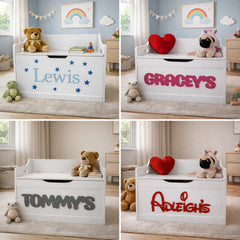 Personalised wooden toy box — any name, any colour: four examples in blue, pink, grey and red