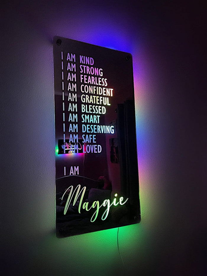 Personalised Affirmation LED Mirror Sign – Custom Name Wall Light for Bedroom & Home Decor The Crafty Bonobo LED Mirror Sign 1