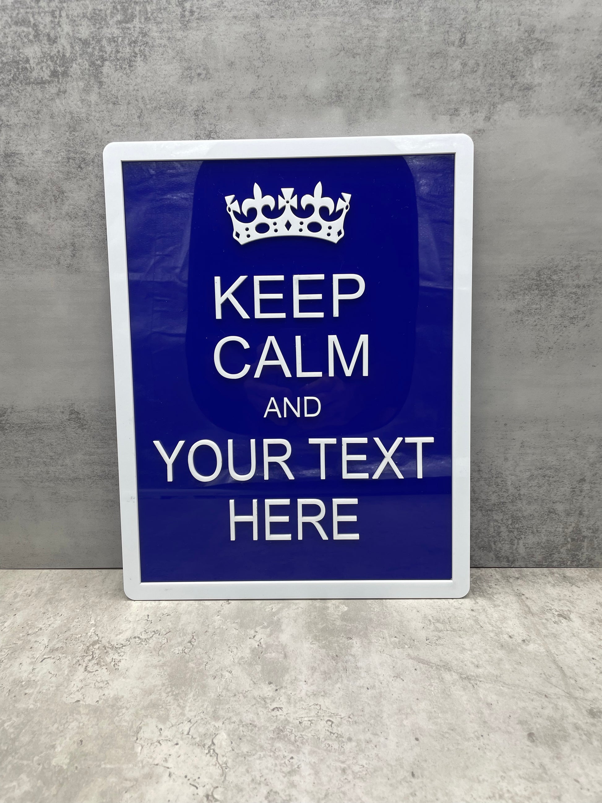 keep calm and carry on custom sign in blue and white