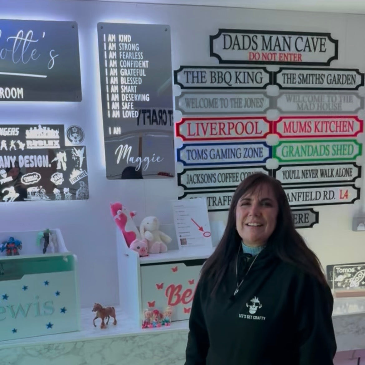 Showroom display of street signs and man cave signs