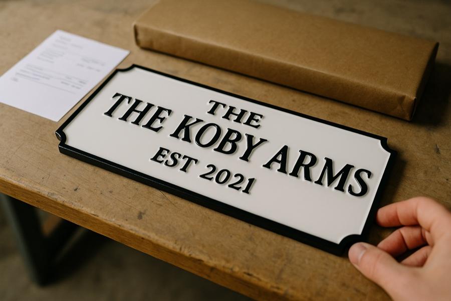 A finished sign being checked against the order